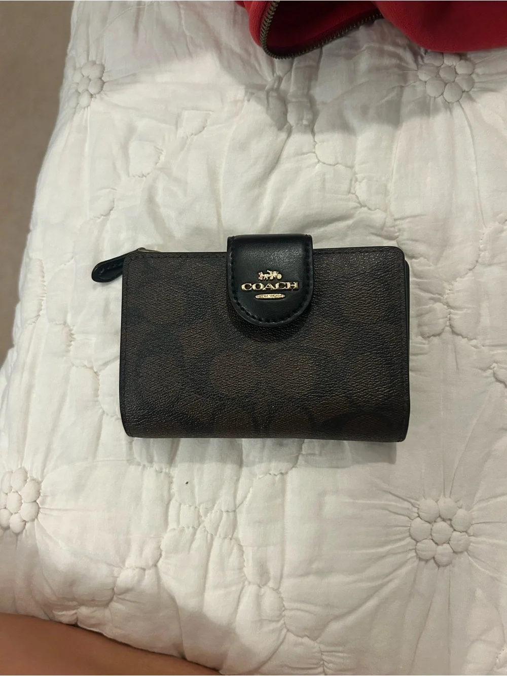 Coach Brown Signature Compact Wallet with Black Trim